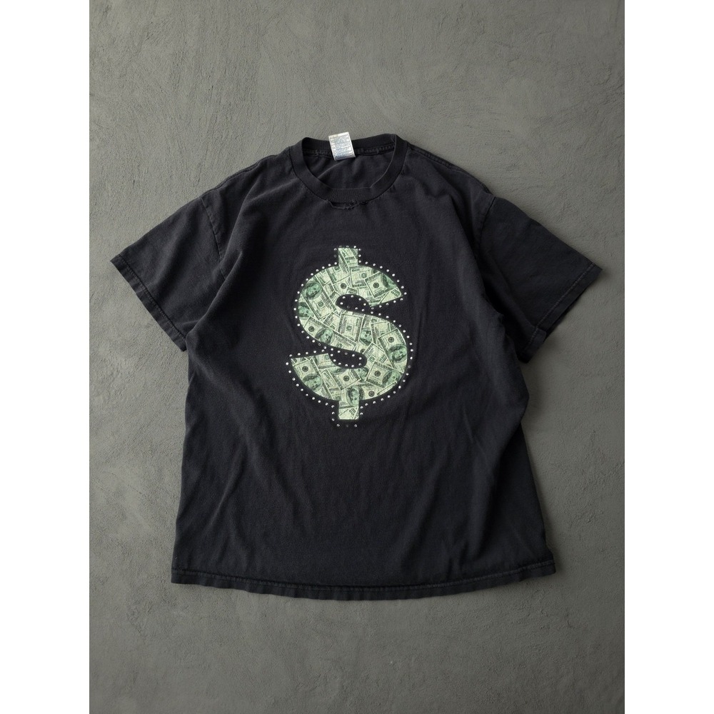 Vintage 2000s Y2K Dollar Sign Bling Bling Black Cotton T-shirt Hip Hop XL AAA